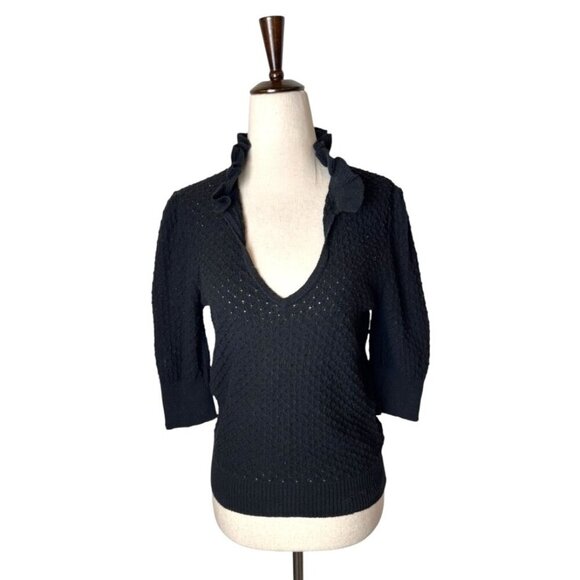 Ganni Sweater Women Small Black‎ Linen Cotton Blend Textured Knit Ruffle Collar - Picture 1 of 11